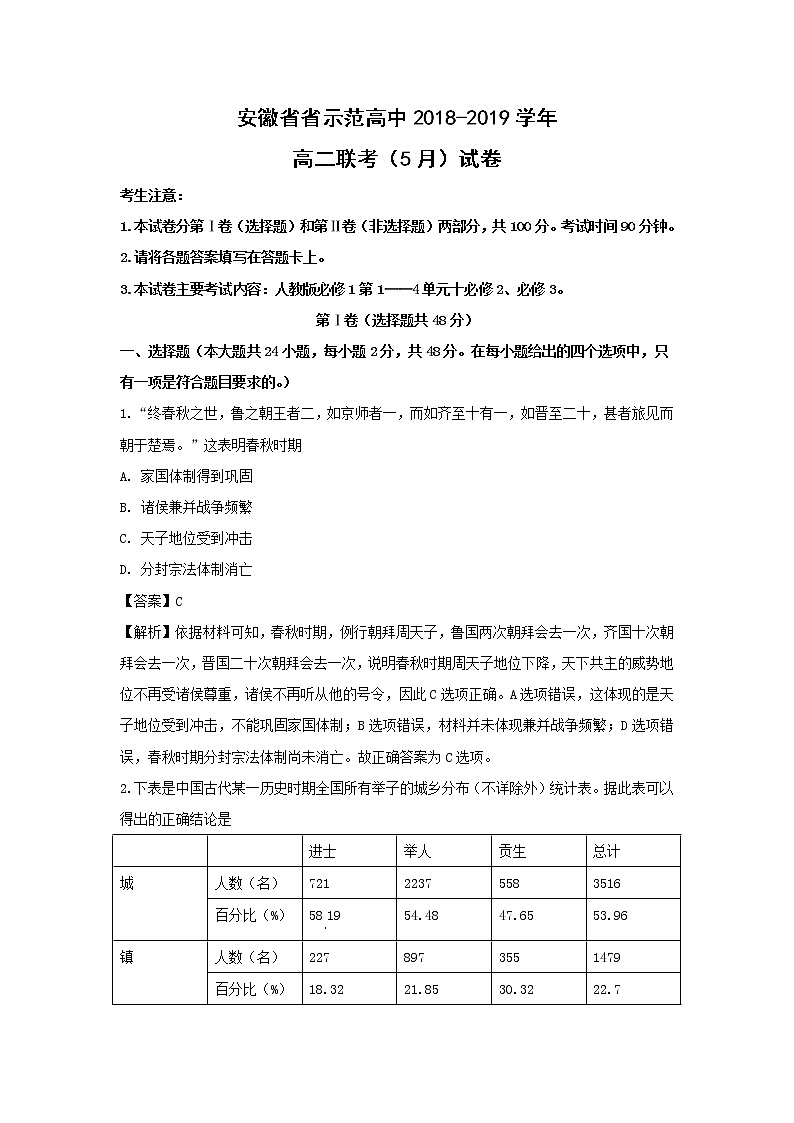 【历史】安徽省省示范高中2018-2019学年高二联考（5月）试卷 （解析版）01