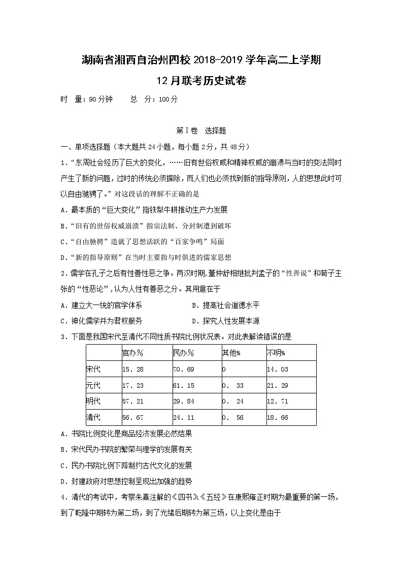 【历史】湖南省湘西自治州四校2018-2019学年高二上学期12月联考试卷01