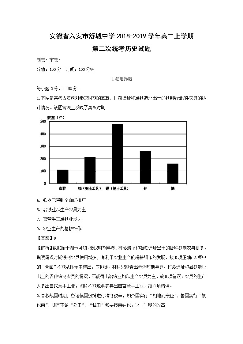 【历史】安徽省六安市舒城中学2018-2019学年高二上学期第二次统考试题（解析版）01