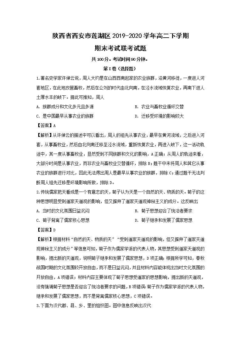 【历史】陕西省西安市莲湖区2019-2020学年高二下学期期末考试联考试题（解析版）第1页