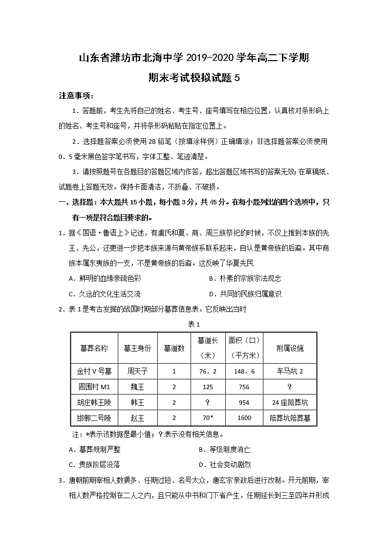 【历史】山东省潍坊市北海中学2019-2020学年高二下学期期末考试模拟试题501