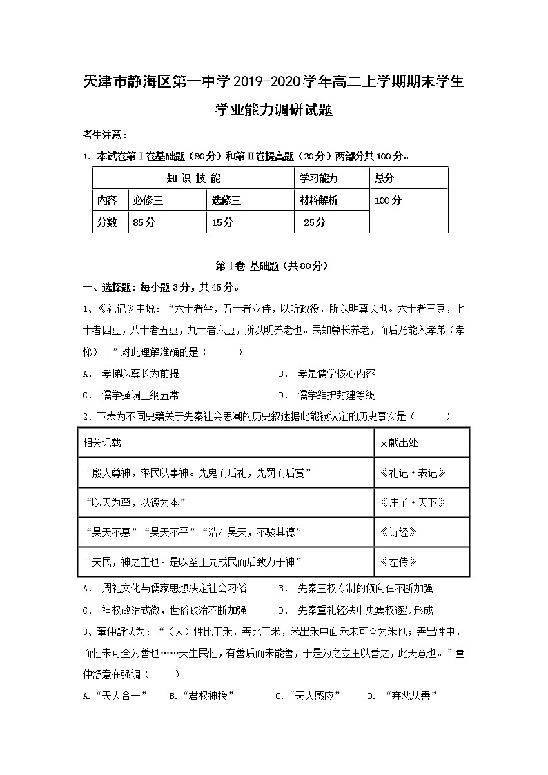 【历史】天津市静海区第一中学2019-2020学年高二上学期期末学生学业能力调研试题01