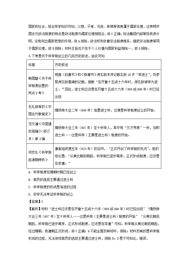 【历史】湖北省恩施州宣恩县清江外国语学校2019-2020学年高二上学期期末考试试题（解析版）02