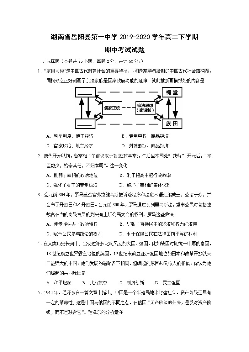 【历史】湖南省岳阳县第一中学2019-2020学年高二下学期期中考试试题01