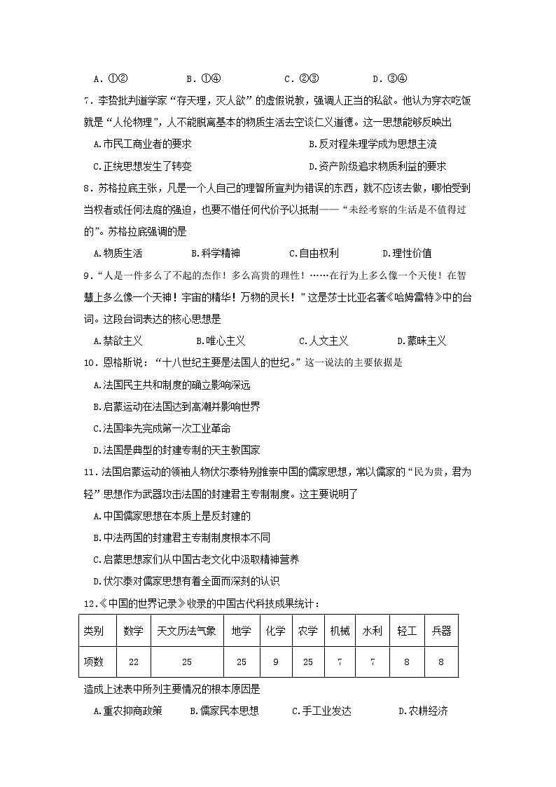 【历史】江西省上饶中学2019-2020学年高二上学期期中考试（实验、体艺班）试卷02