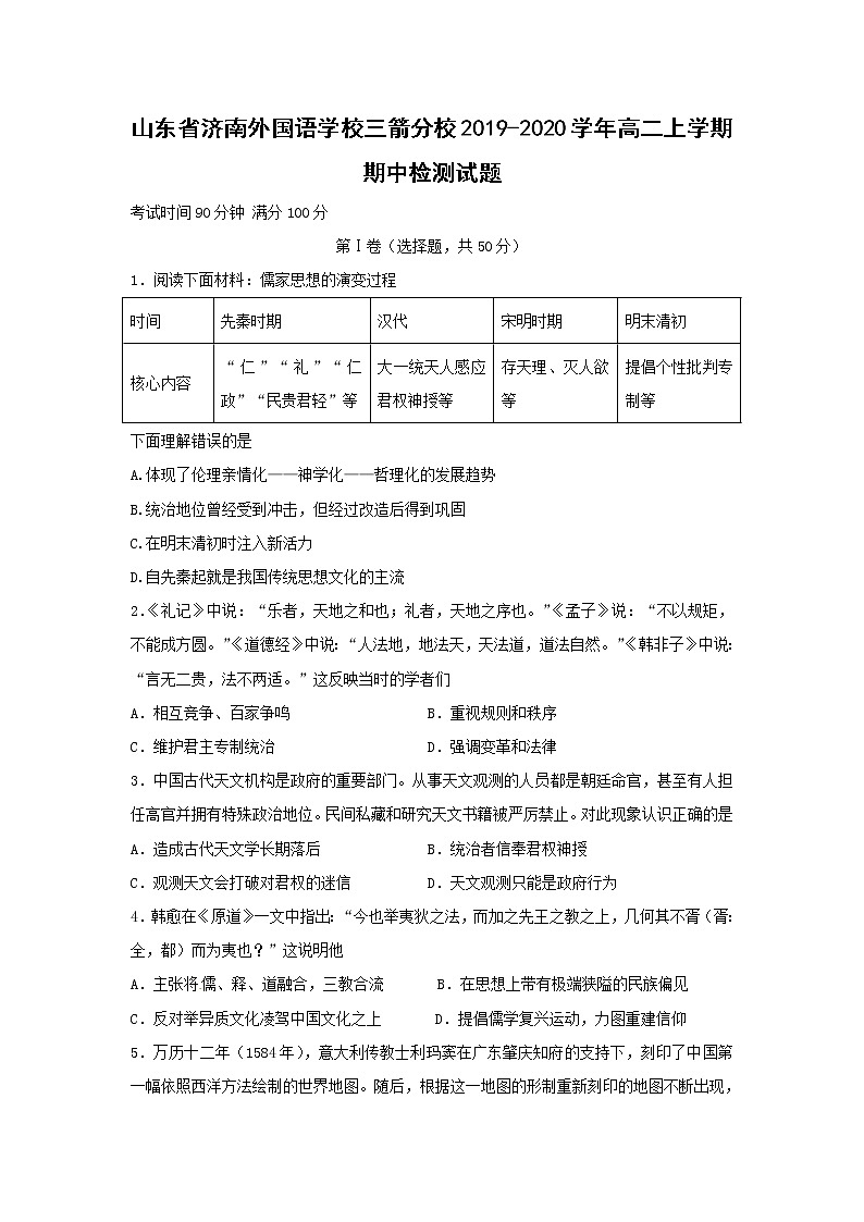 【历史】山东省济南外国语学校三箭分校2019-2020学年高二上学期期中检测试题01