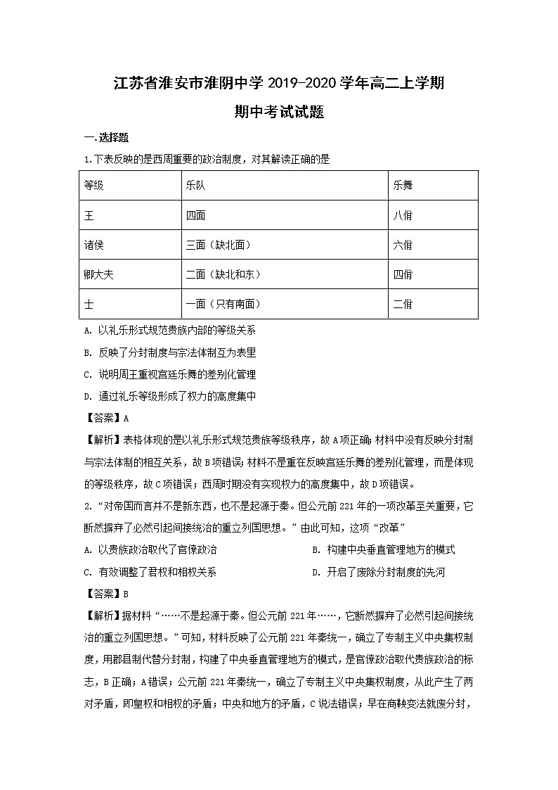 【历史】江苏省淮安市淮阴中学2019-2020学年高二上学期期中考试试题（解析版）01