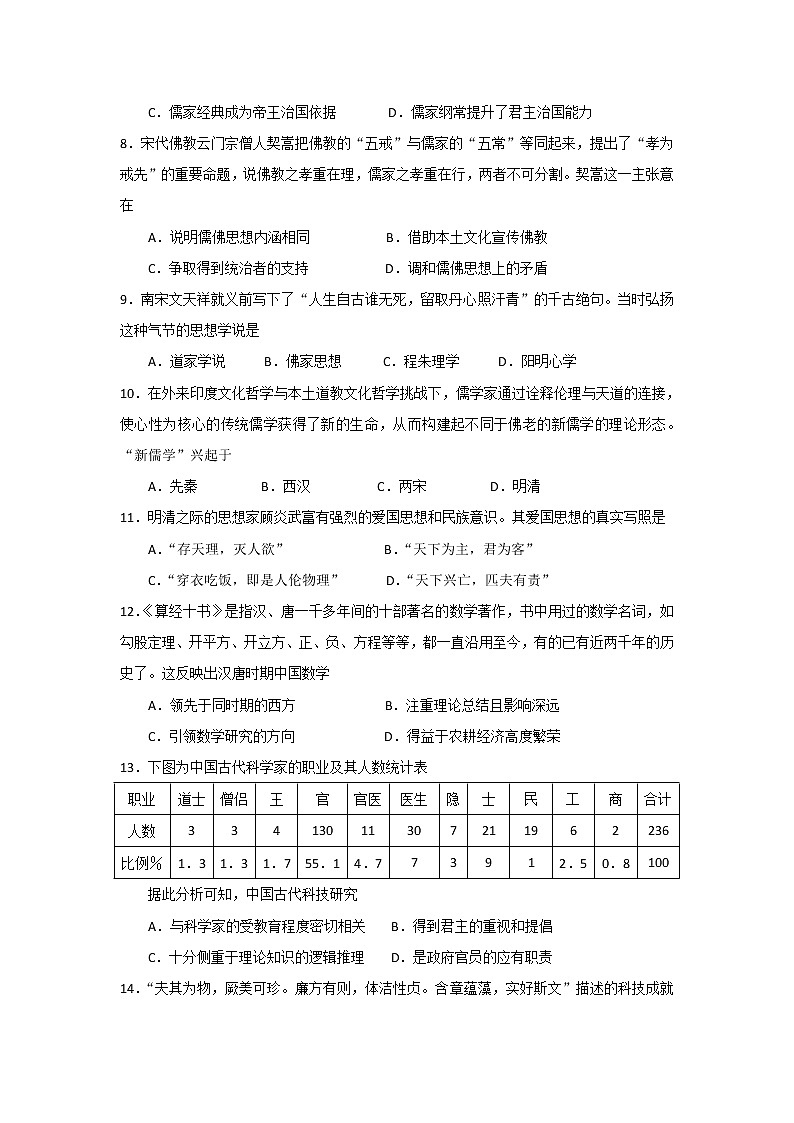 【历史】福建省莆田第七中学2019-2020学年高二上学期期中复习检测试题02