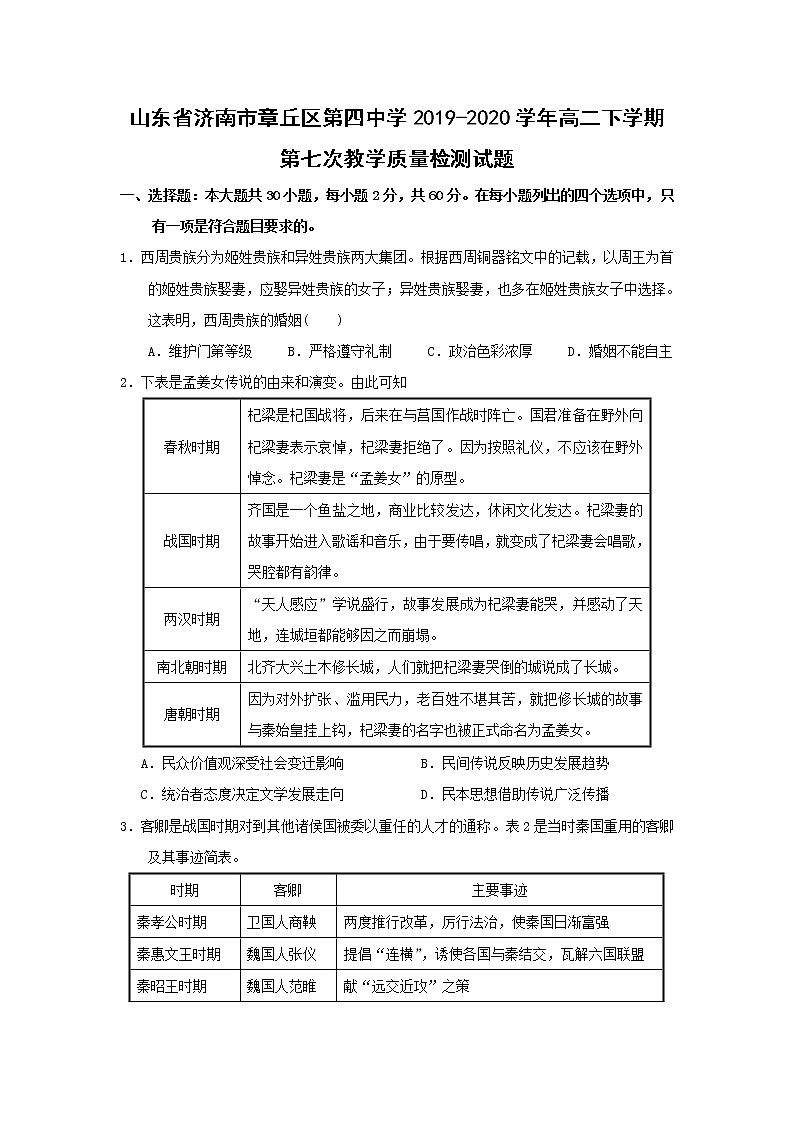 【历史】山东省济南市章丘区第四中学2019-2020学年高二下学期第七次教学质量检测试题01
