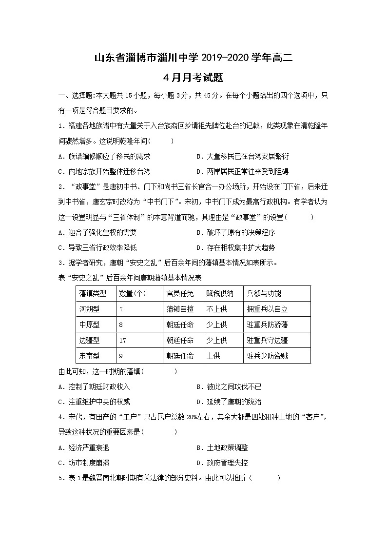 【历史】山东省淄博市淄川中学2019-2020学年高二4月月考试题01