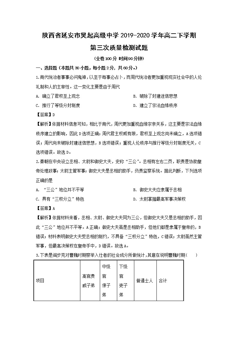 【历史】陕西省延安市吴起高级中学2019-2020学年高二下学期第三次质量检测试题（解析版）第1页