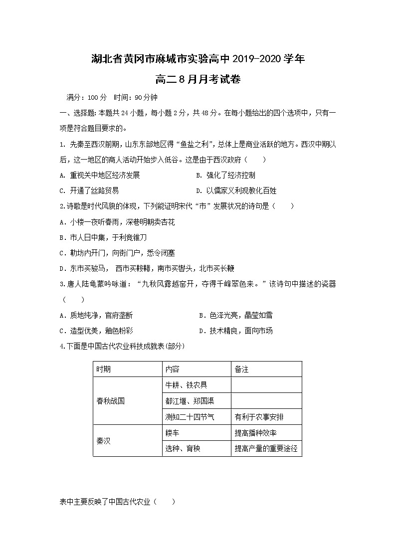 【历史】湖北省黄冈市麻城市实验高中2019-2020学年高二8月月考试卷01
