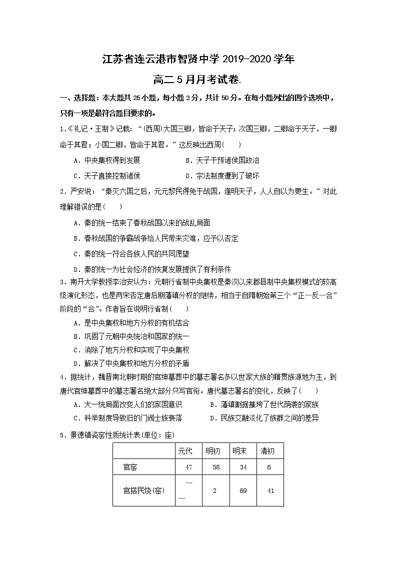 【历史】江苏省连云港市智贤中学2019-2020学年高二5月月考试卷第1页