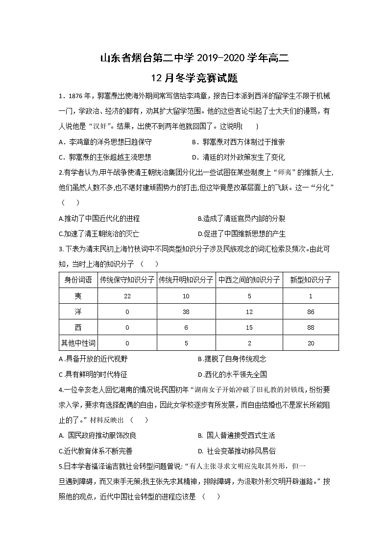 【历史】山东省烟台第二中学2019-2020学年高二12月冬学竞赛试题第1页