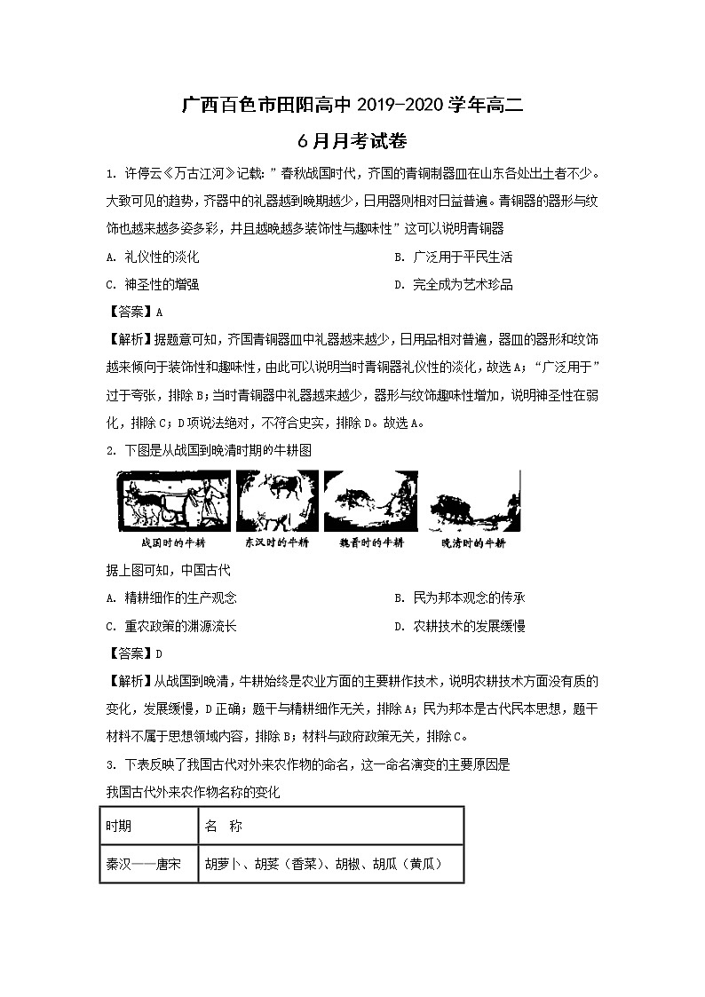 【历史】广西百色市田阳高中2019-2020学年高二6月月考试卷（解析版）第1页