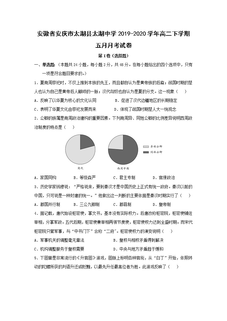 【历史】安徽省安庆市太湖县太湖中学2019-2020学年高二下学期五月月考试卷01