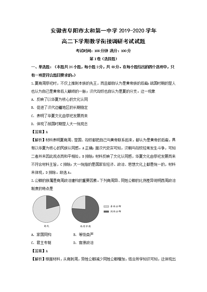 【历史】安徽省阜阳市太和第一中学2019-2020学年高二下学期教学衔接调研考试试题（解析版）01