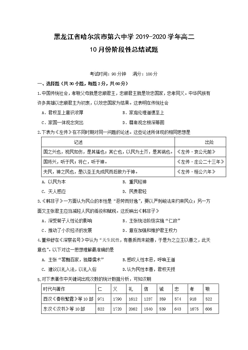 【历史】黑龙江省哈尔滨市第六中学2019-2020学年高二10月份阶段性总结试题01