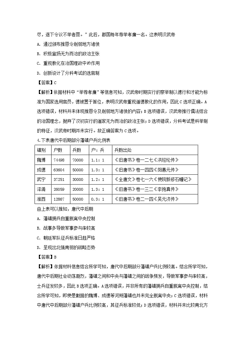【历史】湖南省娄底市双峰县第一中学2019-2020学年高二下学期入学考试试题（解析版）02