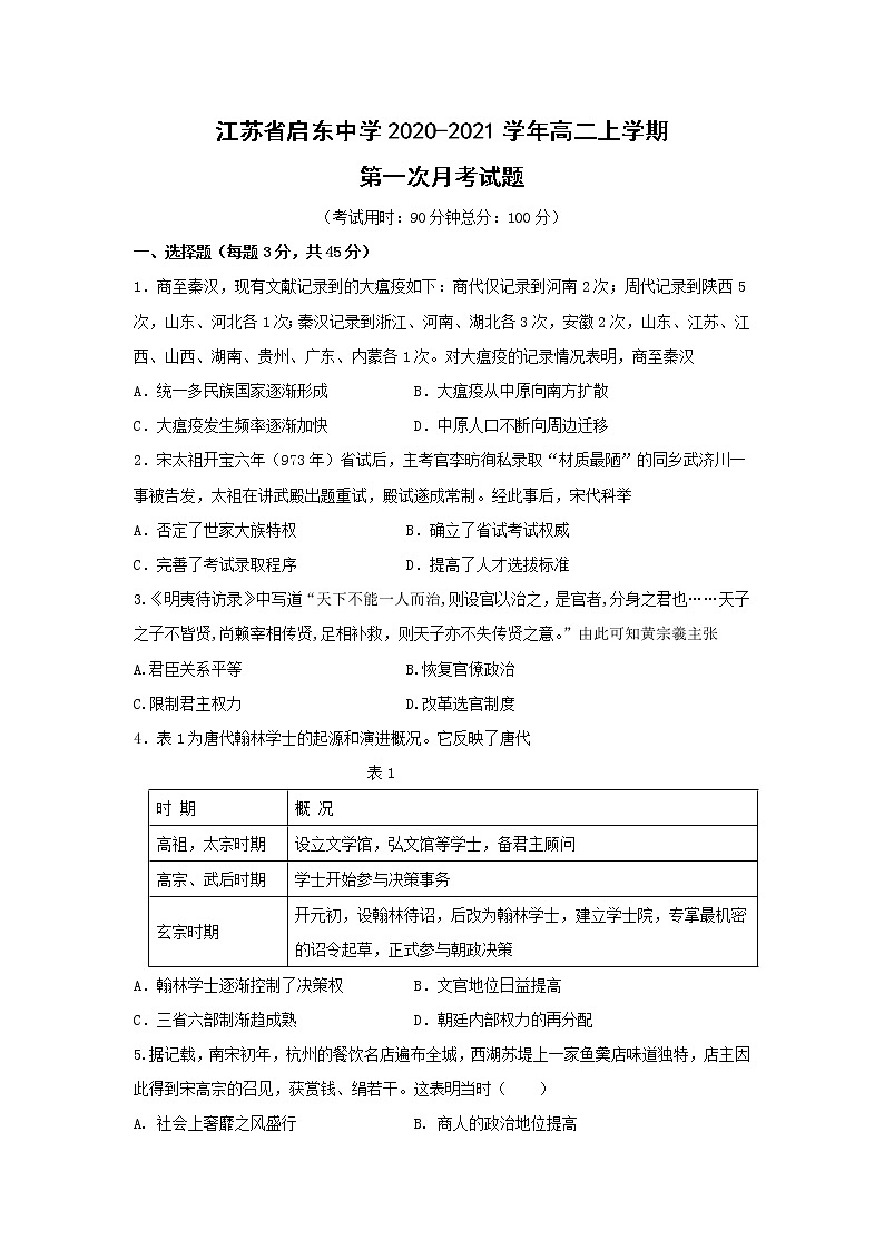 【历史】江苏省启东中学2020-2021学年高二上学期第一次月考试题01