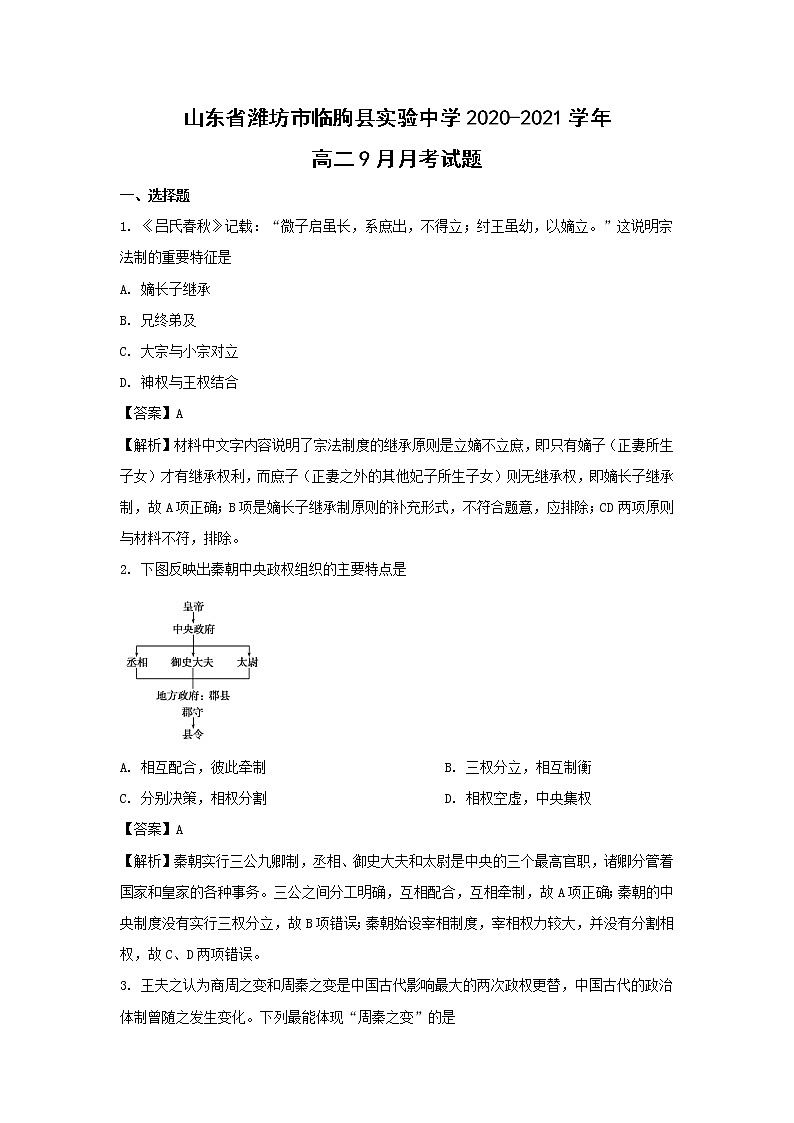 【历史】山东省潍坊市临朐县实验中学2020-2021学年高二9月月考试题（解析版）第1页
