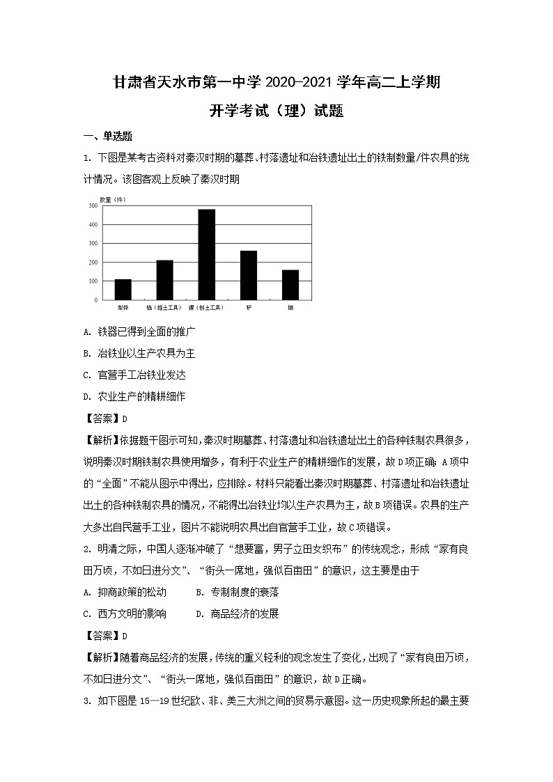 【历史】甘肃省天水市第一中学2020-2021学年高二上学期开学考试（理）试题（解析版）01