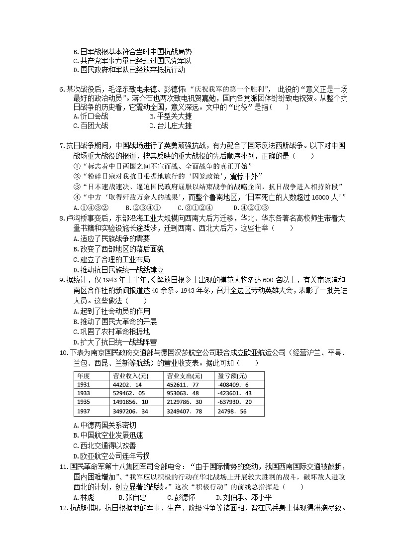 2020年人教版(必修上)高中历史24《全民族浴血奋战与抗日战争的胜利》同步练习（含答案）02
