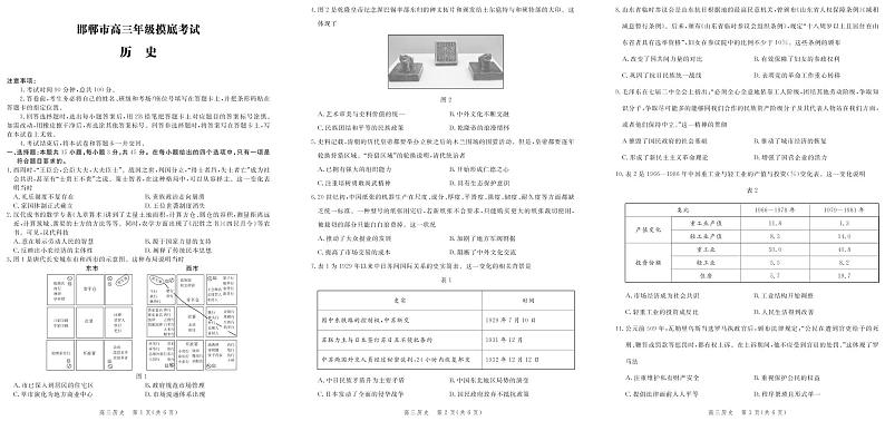河北省邯郸市2021届高三上学期摸底考试历史试题第1页