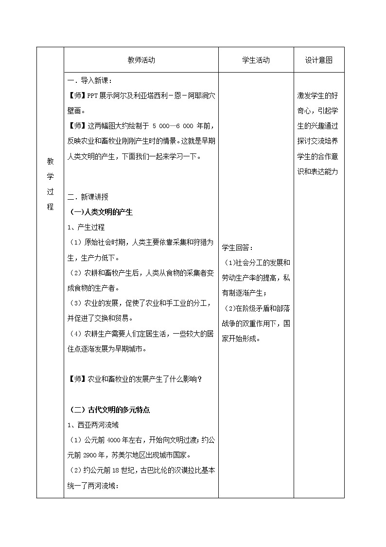 01文明的产生与早期发展 教学设计（表格式）02