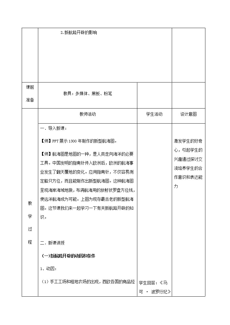 06全球航路的开辟 教学设计（表格式）02