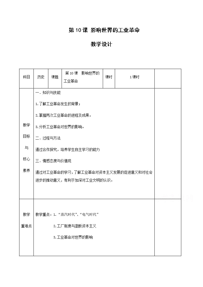 10影响世界的工业革命 教学设计（表格式）01
