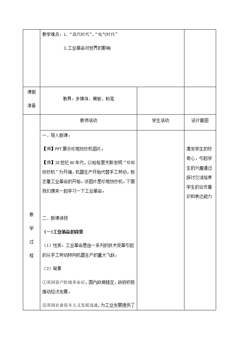 10影响世界的工业革命 教学设计（表格式）02