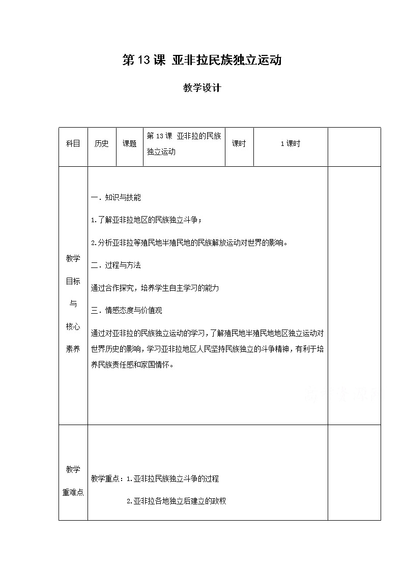 13亚非拉民族独立运动 教学设计（表格式）01