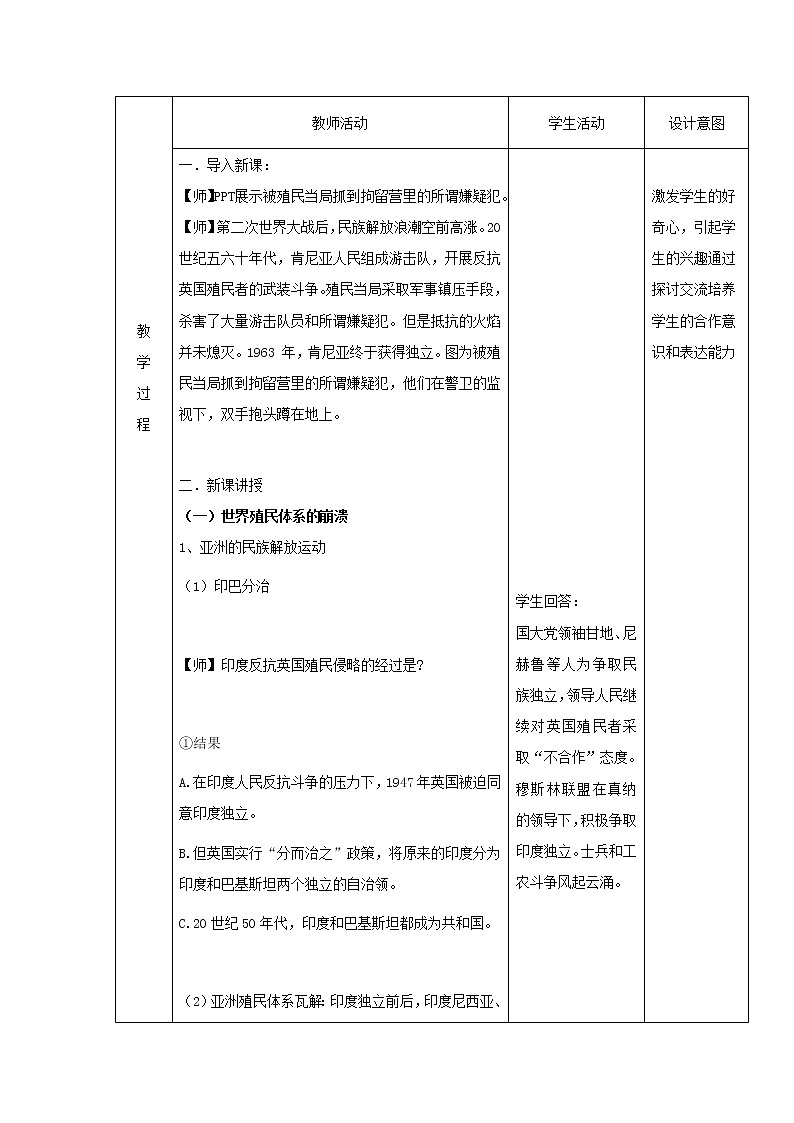 21世界殖民体系的瓦解与新兴国家的发展 教学设计（表格式）02