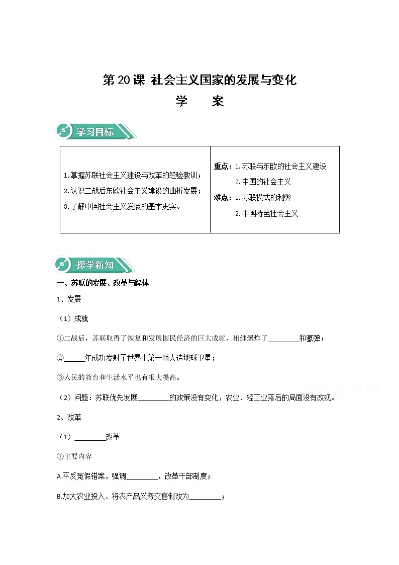 19 社会主义国家的发展与变化 学案（含答案）01