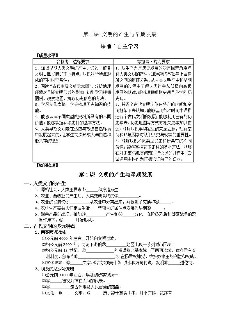 2019-2020学年部编版必修下册：第1课 文明的产生与早期发展【学案】 (1)01