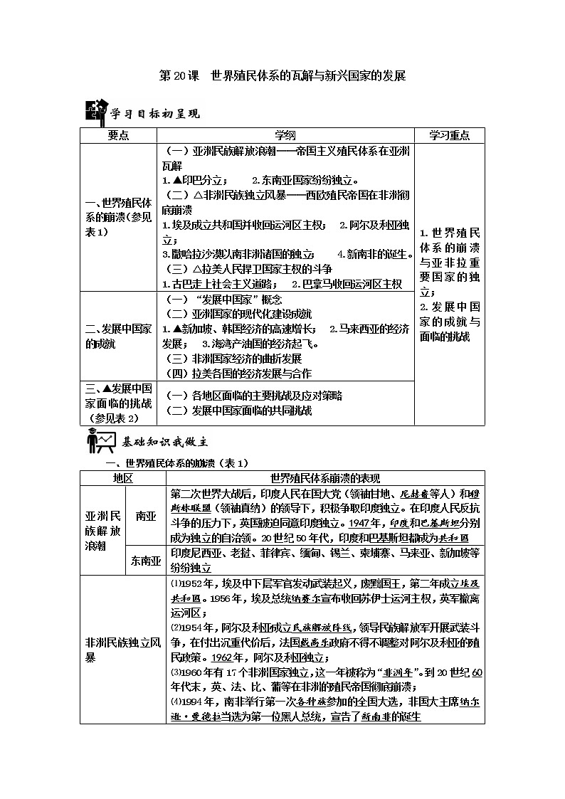2019-2020学年部编版必修下册：第20课 世界殖民体系的瓦解与新兴国家的发展【学案】01