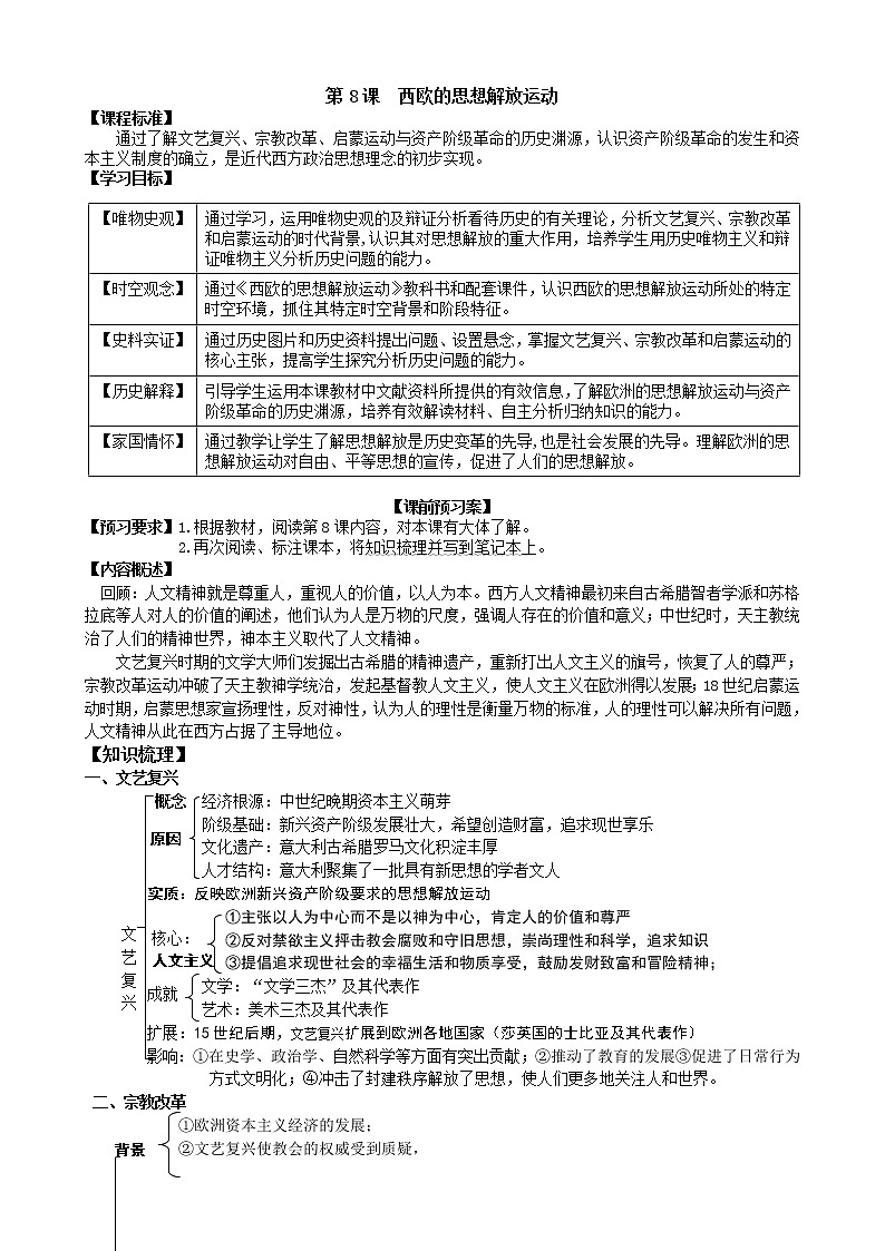 2019-2020学年部编版必修下册：第8课 欧洲的思想解放运动 学案01