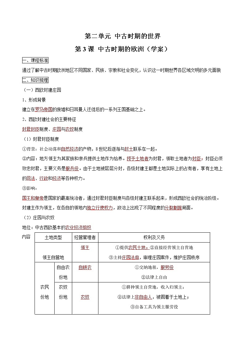 2019-2020学年部编版必修下册：第3课 中古时期的欧洲（学案）01