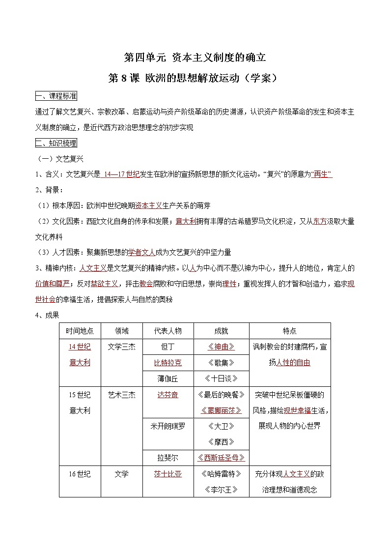 2019-2020学年部编版必修下册：第8课 欧洲的思想解放运动（学案）01