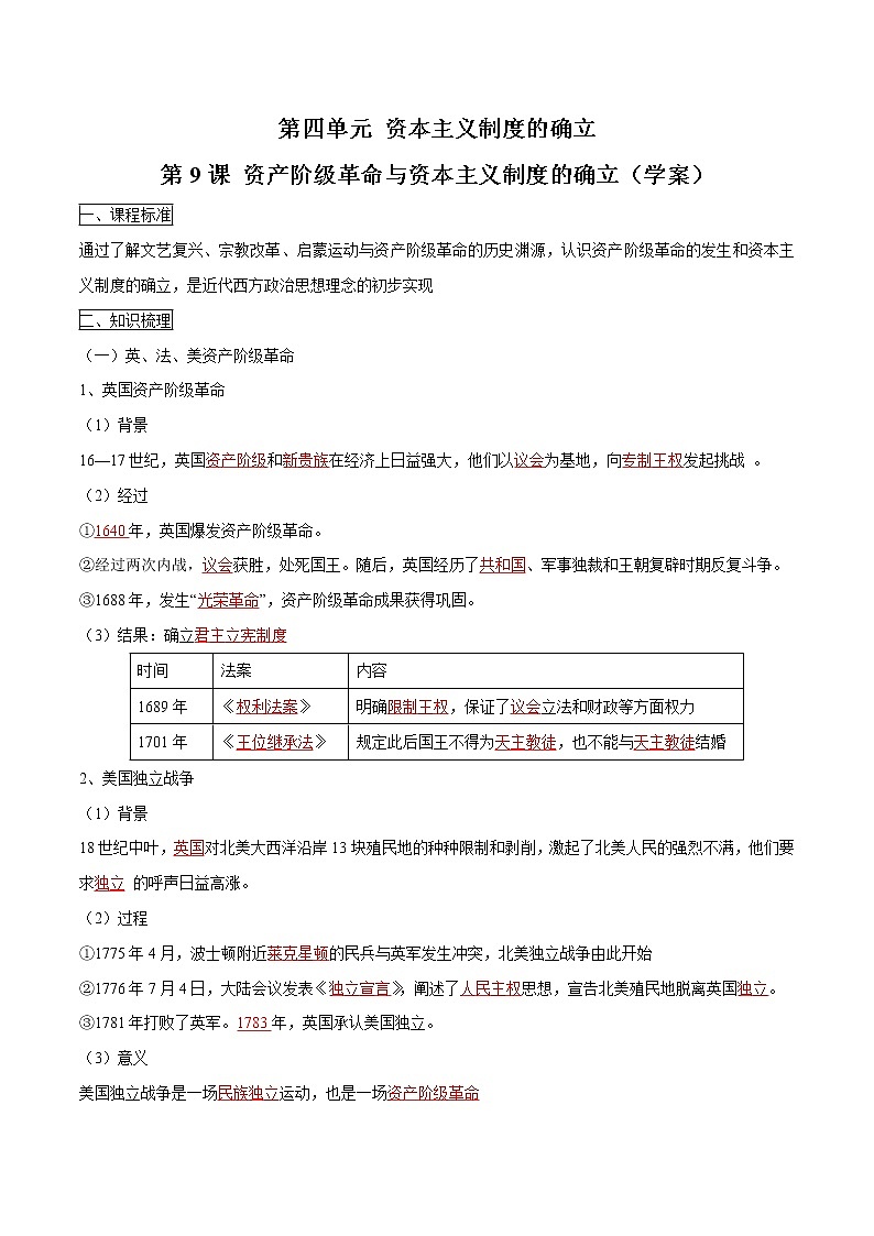 2019-2020学年部编版必修下册：第9课 资产阶级革命与资本主义制度的建立（学案）01