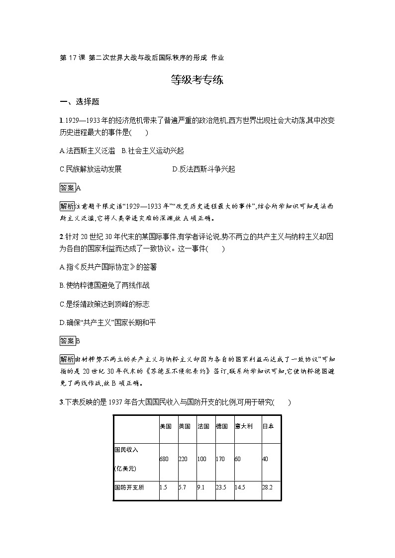 2019-2020学年部编版必修下册：第17课 第二次世界大战与战后国际秩序的形成 作业2第1页