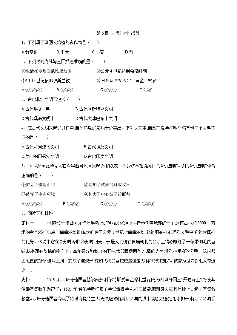 2019-2020学年部编版必修下册：第5课 古代非洲与美洲【作业】2 练习01