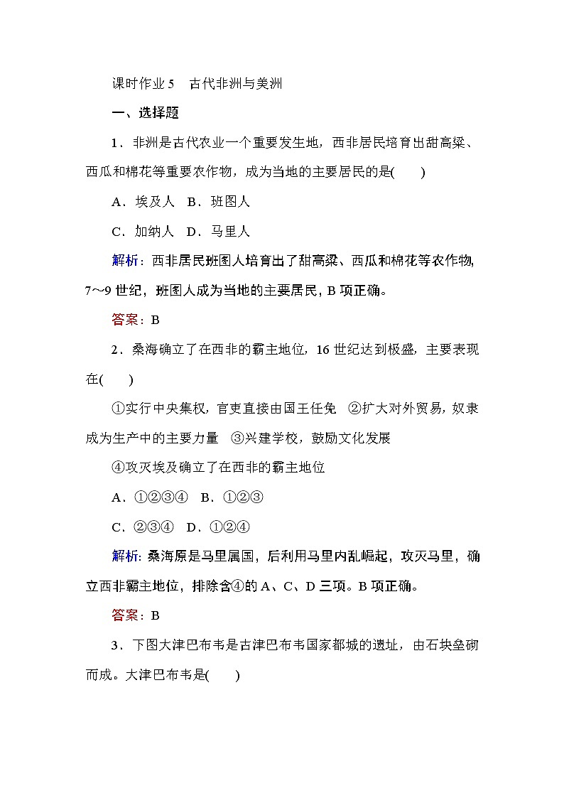 2019-2020学年部编版必修《中外历史纲要》下 5 古代非洲与美洲 作业 练习01