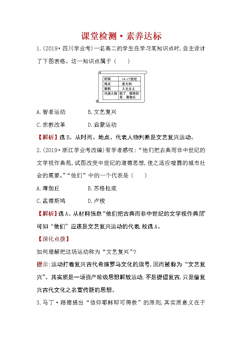 2019-2020学年部编版必修下册 4.8欧洲的思想解放运动 作业 练习01