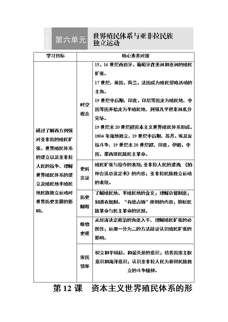2019-2020学年新教材部编版必修中外历史纲要下 第6单元 第12课　资本主义世界殖民体系的形 学案01