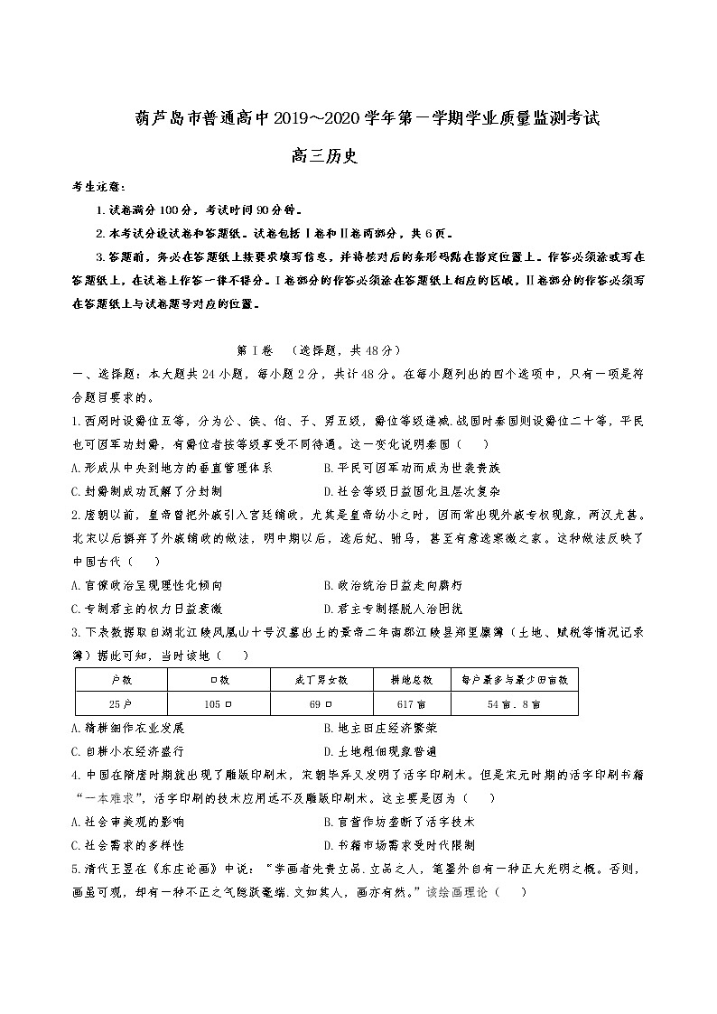 2019-2020辽宁省葫芦岛市高三历史上学期期末试卷（下载版）01