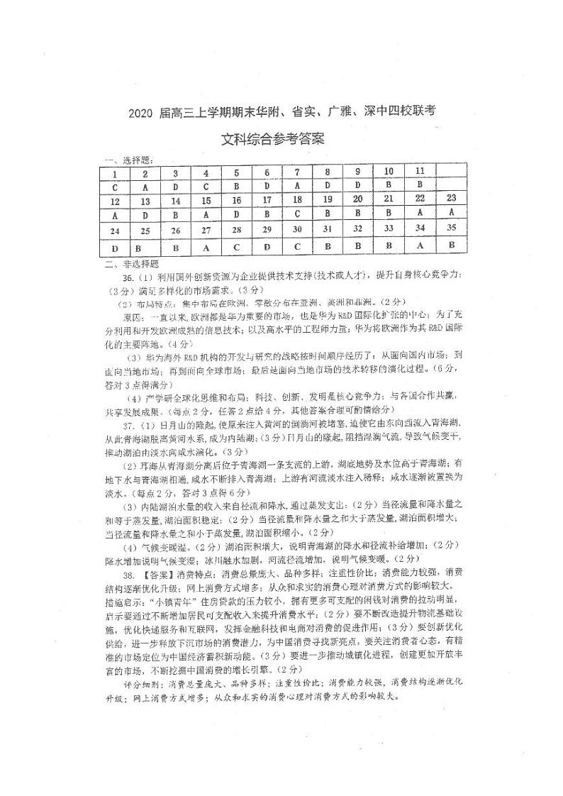 2019-2020广东省四校联考高三历史上学期期末试卷（下载版）01