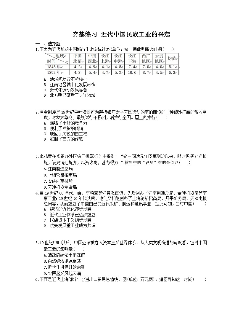 2021年高考历史一轮夯基练习《近代中国民族工业的兴起》(含答案)01