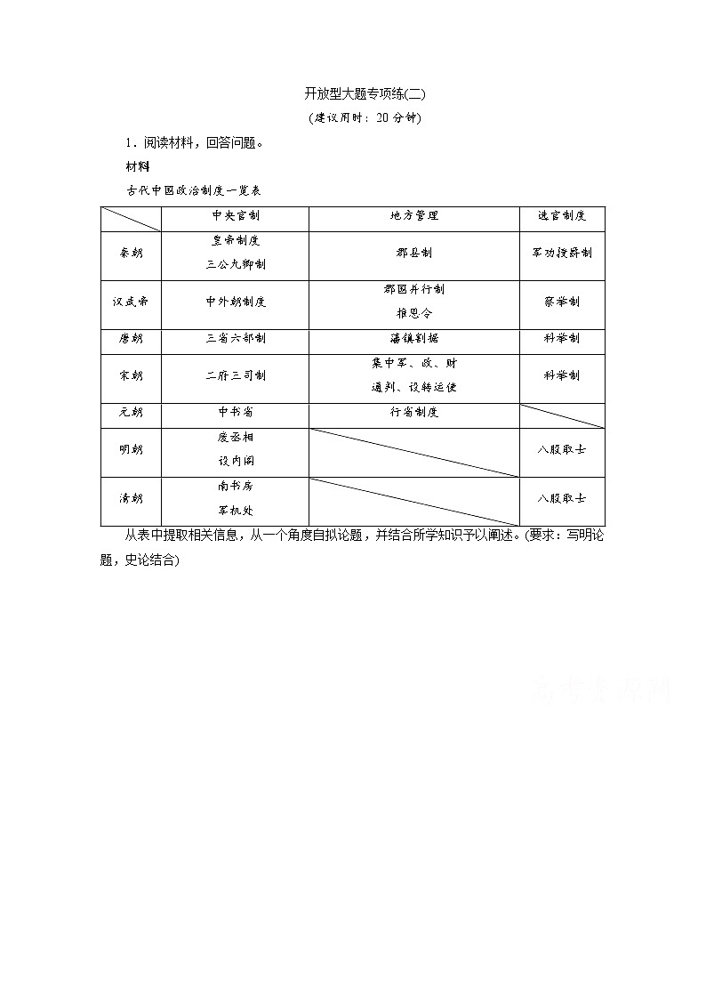 2020新课标高考历史二轮通史练习：开放型大题专项练：（二）01